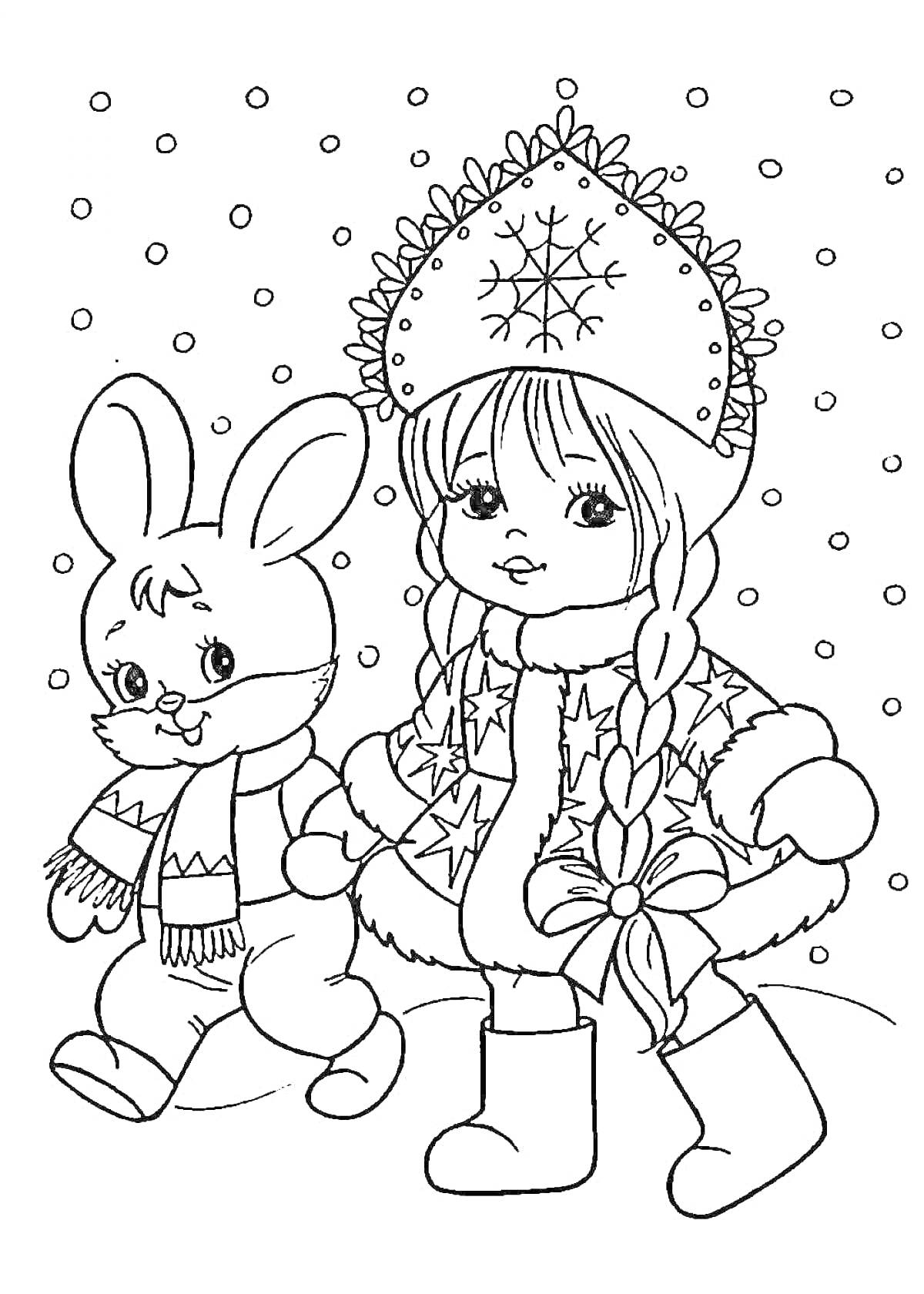 На раскраске изображено: Снегурочка, Зима, Снегопад, Снежинки, Новогодний костюм, Для детей, Зайцы, Новый год