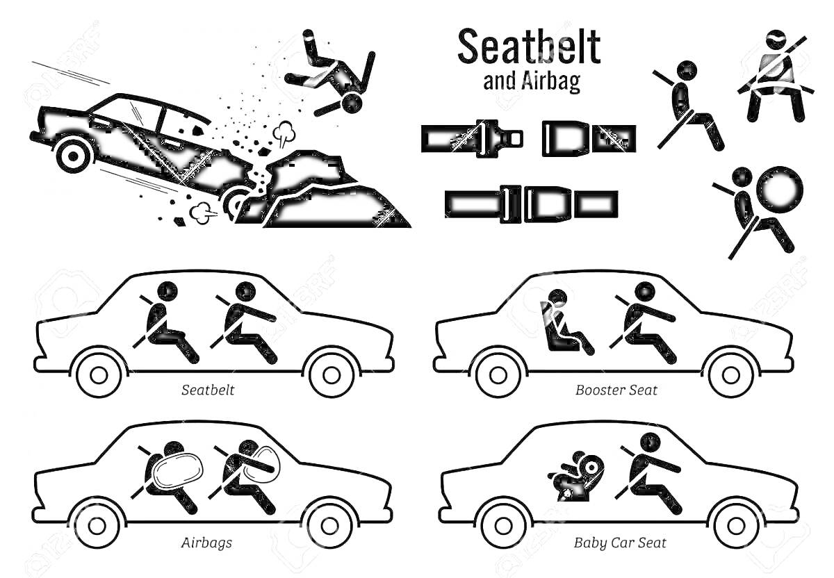 Раскраска автомобильная авария, ремень безопасности, подушка безопасности, ребенок в автокресле, ребенок на бустерном сидении, пассажиры с ремнем безопасности, столкновение автомобилей