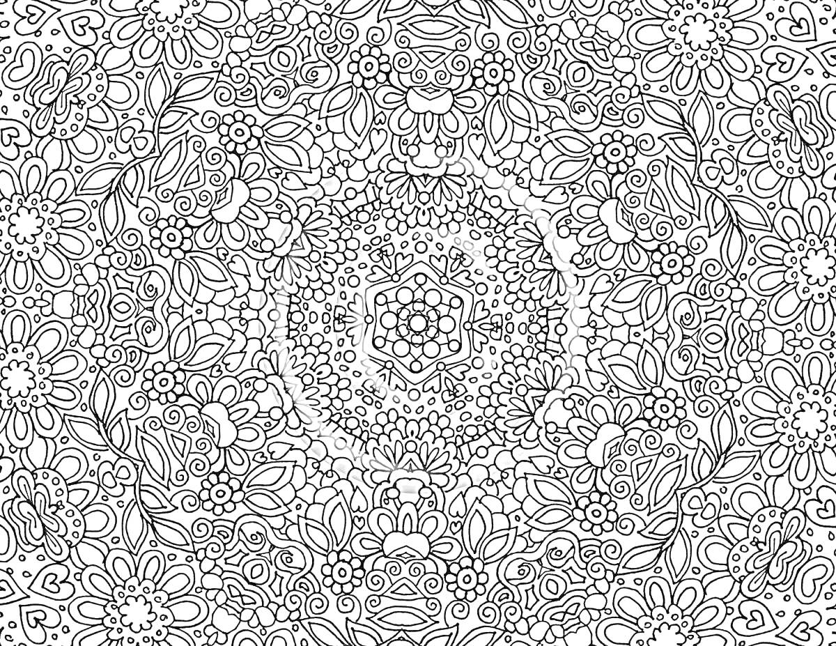 Раскраска антистресс раскраска с цветочным узором, завитками и мелкими орнаментами