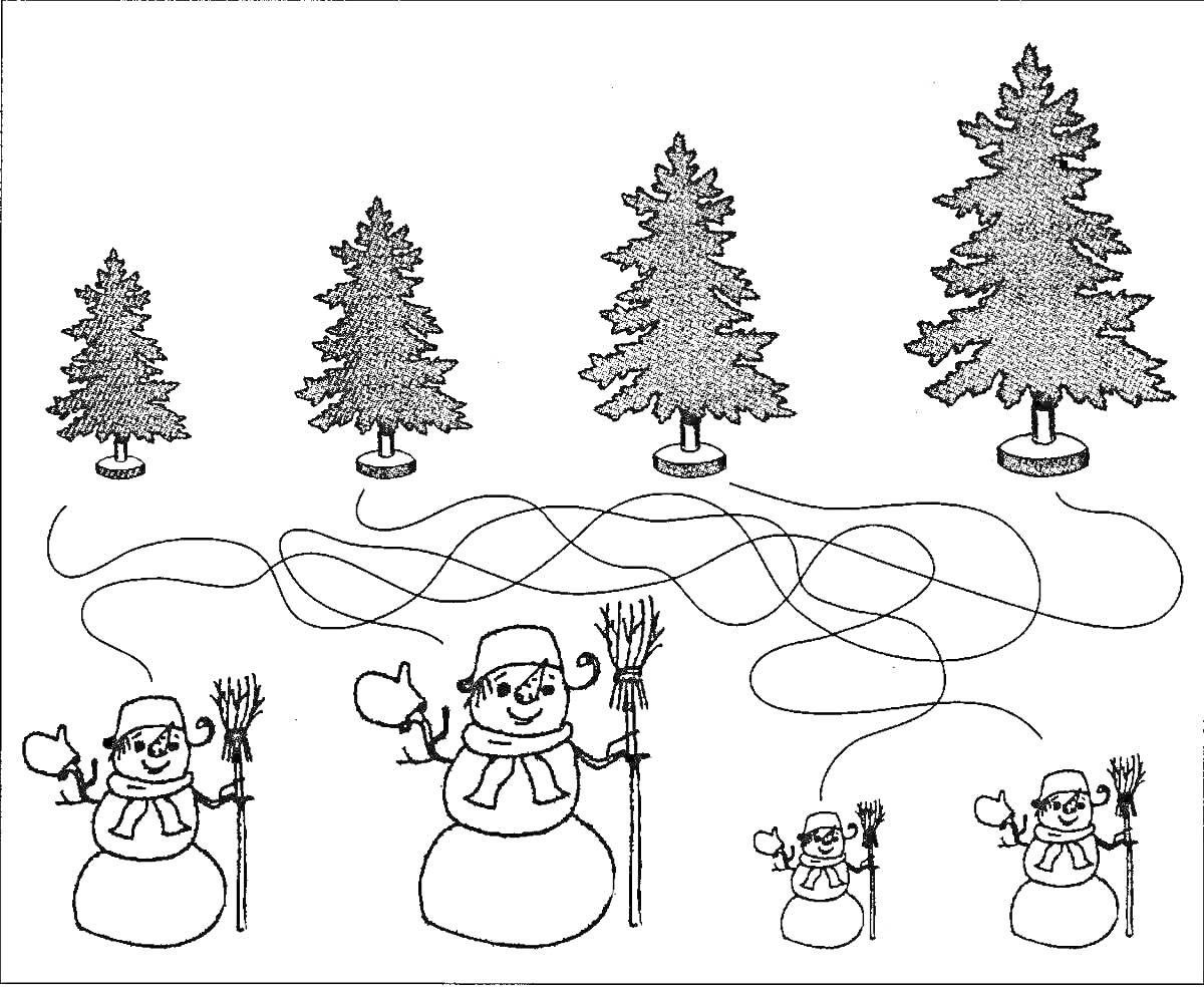 На раскраске изображено: Зима, Снеговики, Ёлки, Деревья, Метла, Холод, Снег