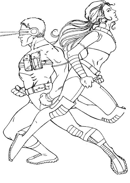 Раскраска Два супергероя Люди Икс в боевой готовности, персонажи в костюмах, один стреляет лазером из глаз