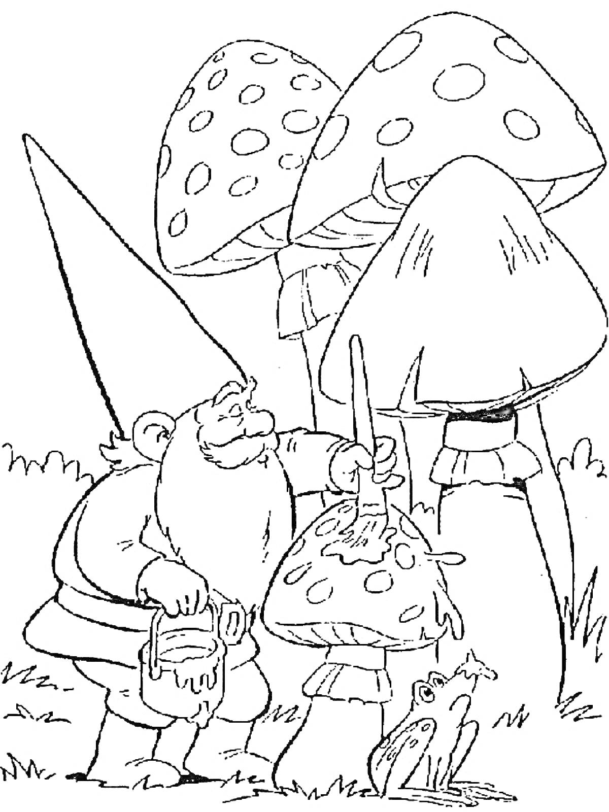 Раскраска Гномик красит мухомор, лягушка, трава, высокие грибы на заднем фоне