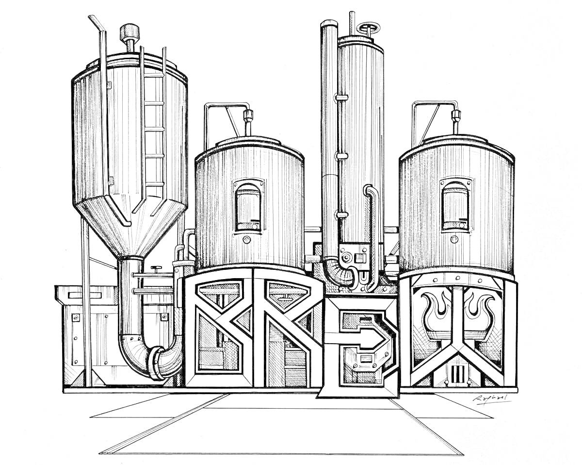 Раскраска Картинка завода с тремя большими резервуарами, трубами и системой циркуляции, слово 
