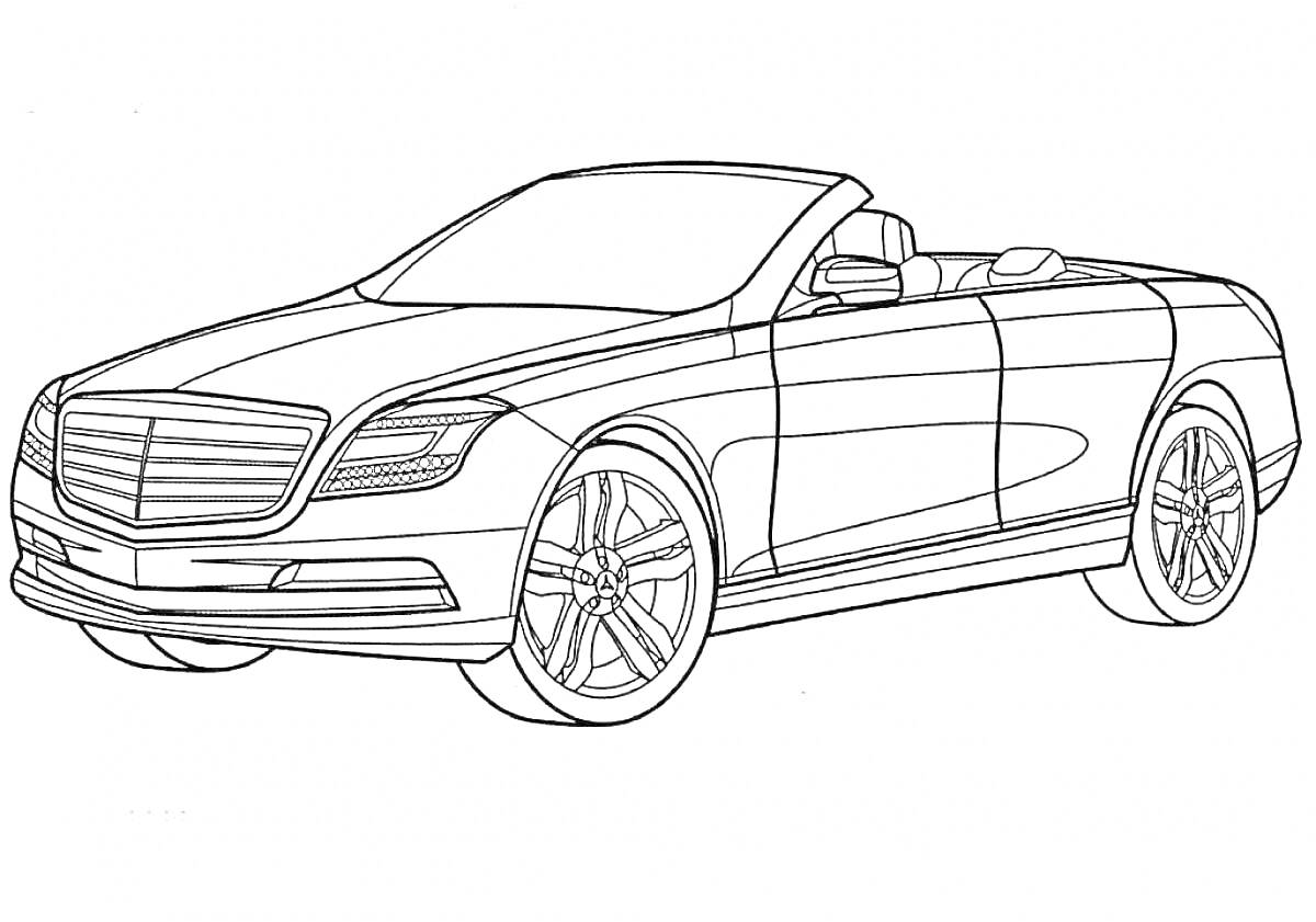 Раскраска Мерседес Бенц кабриолет, вид сбоку с открытой крышей, детализированные колеса, фары и решетка радиатора