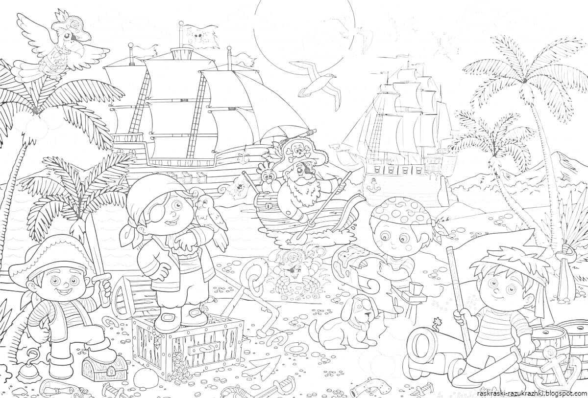 Раскраска Пираты на острове сокровищ