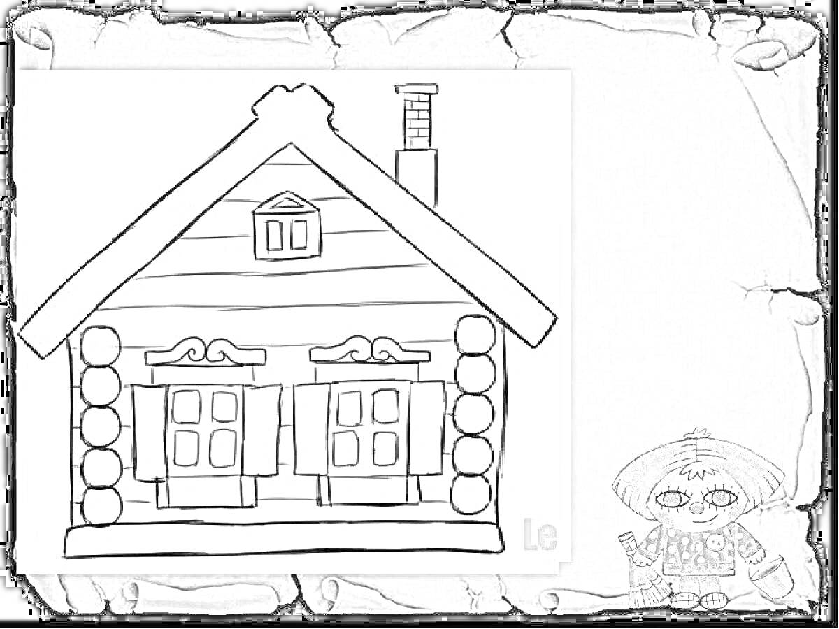 Раскраска Русская изба, два окна с наличниками, деревянный сруб, двускатная крыша, труба, кукла в традиционной одежде