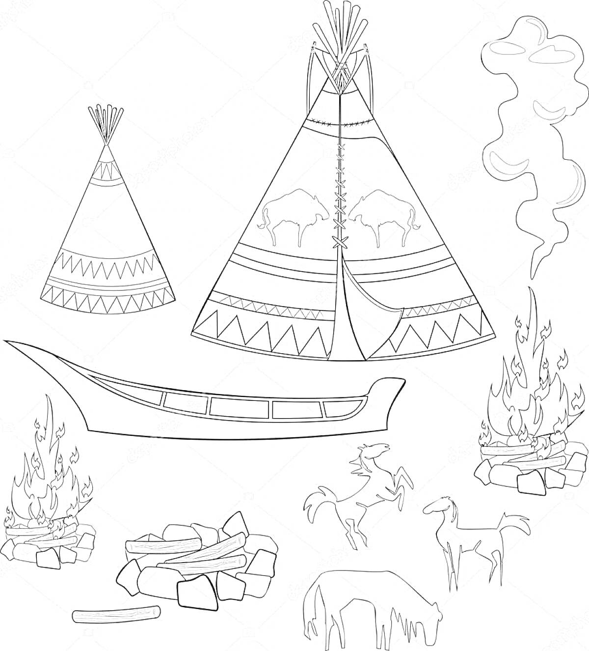 На раскраске изображено: Вигвам, Каноэ, Лошадь, Бизон, Дым, Линии, Природа, Традиции, Культура
