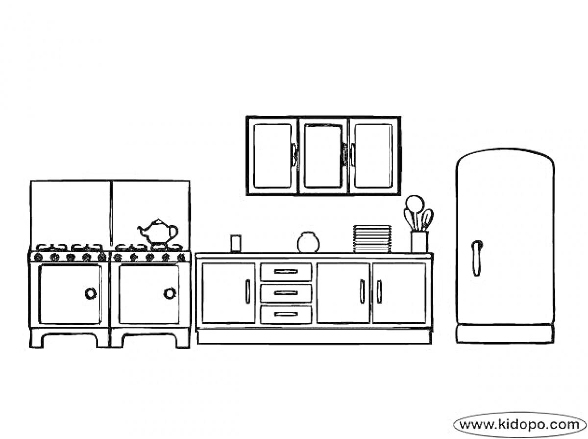 На раскраске изображено: Кухня, Плита, Шкаф, Посуда, Холодильник, Чайники
