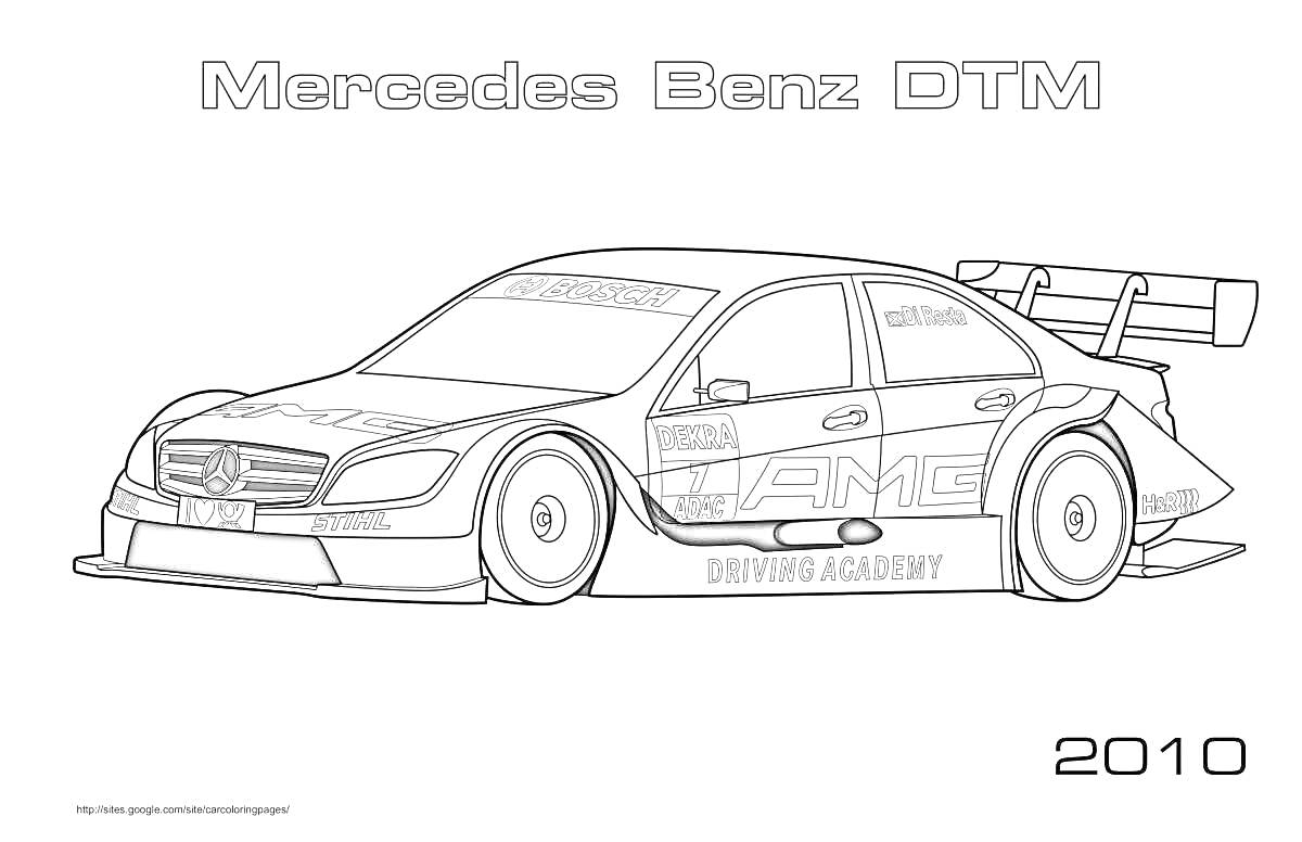 Раскраска Гоночный автомобиль Mercedes Benz DTM 2010 с задним спойлером и надписями на корпусе