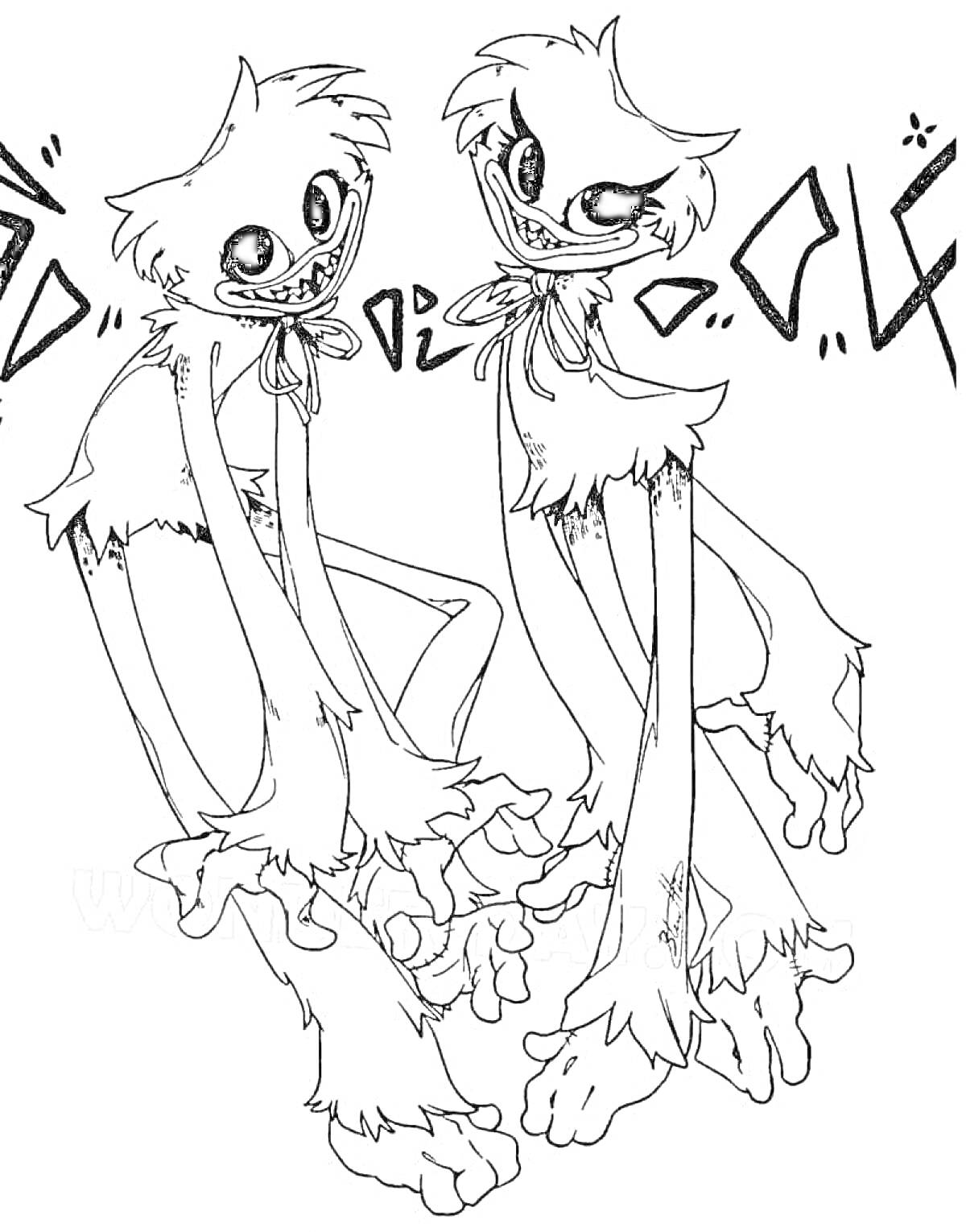Раскраска Две мамы с длинными ногами из Поппи Плейтайм, с лентами на шеях и поднятыми ногами