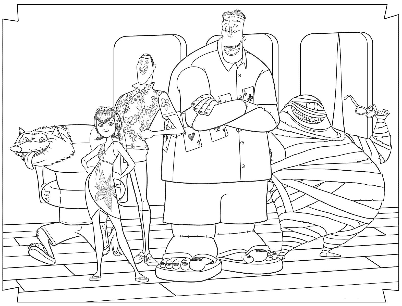 Раскраска Группа монстров на каникулах: оборотень, девушка, вампир, большой человек с зельем, мумия