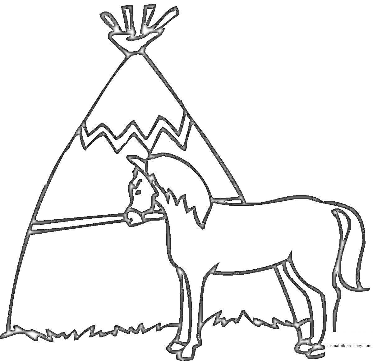 На раскраске изображено: Шатер, Лошадь, Трава, Горы, Степи, Народ, Природа, Традиции