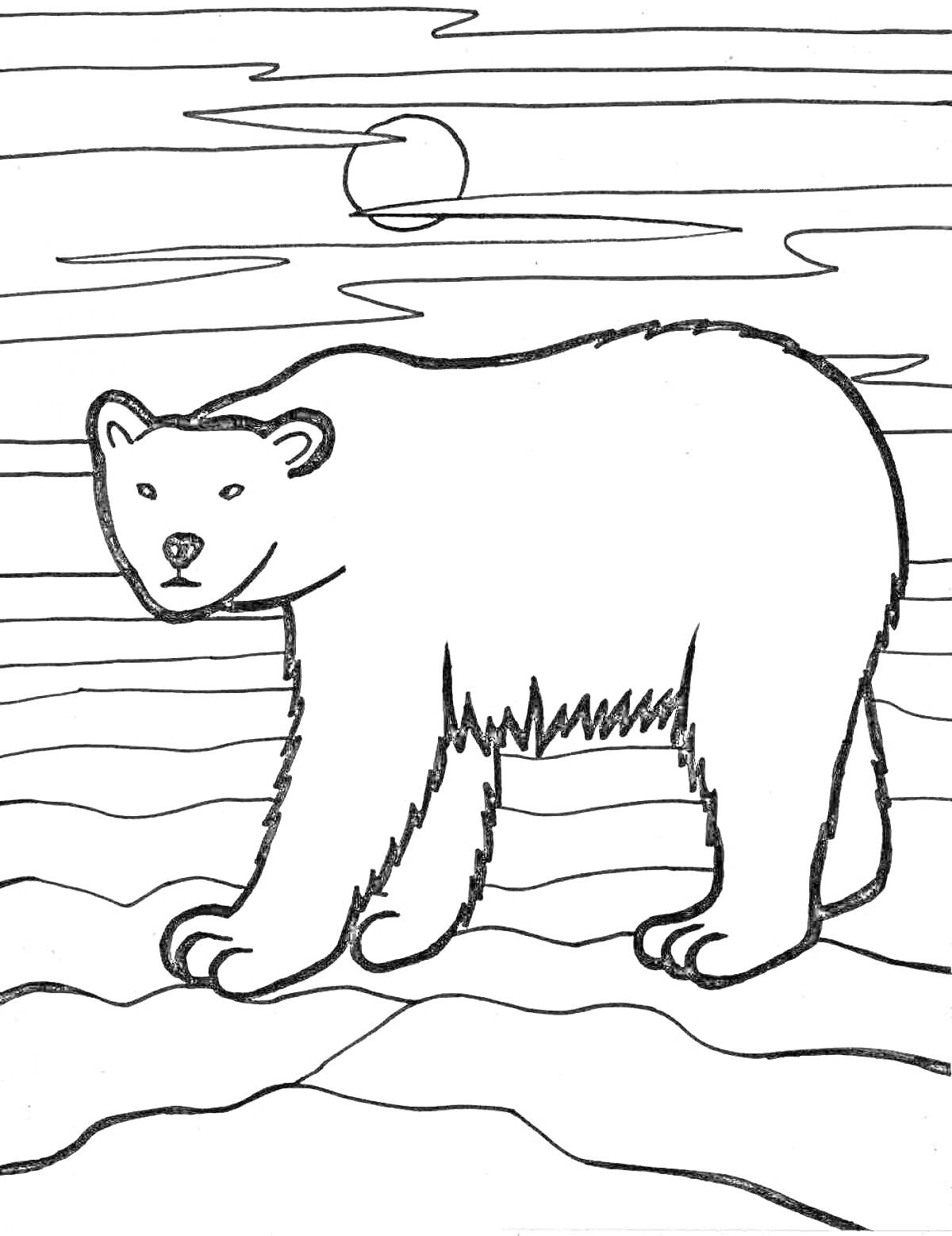 На раскраске изображено: Животные севера, Снег, Солнце, Природа, Для малышей, Полярные медведи