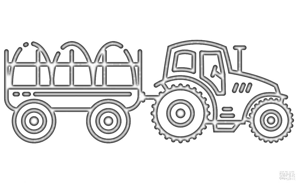 На раскраске изображено: Трактор, Телега, Сельское хозяйство, Тюки сена, Фермерская техника, Поля