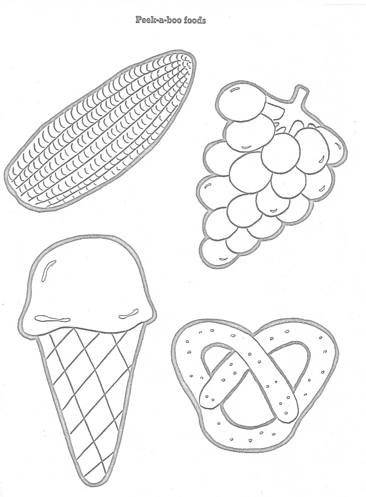 На раскраске изображено: Кукуруза, Виноград, Мороженое, Крендель, Еда, Овощи, Фрукты