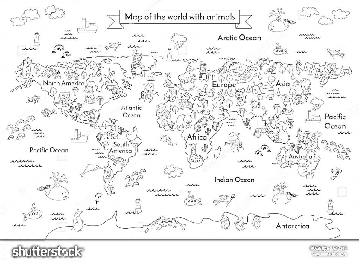 На раскраске изображено: Карта, Животные, Мир, Континенты, Океаны, Северная Америка, Южная Америка, Европа, Африка, Азия, Антарктика, Австралия, Атлантический океан, Индийский океан, Тихий океан