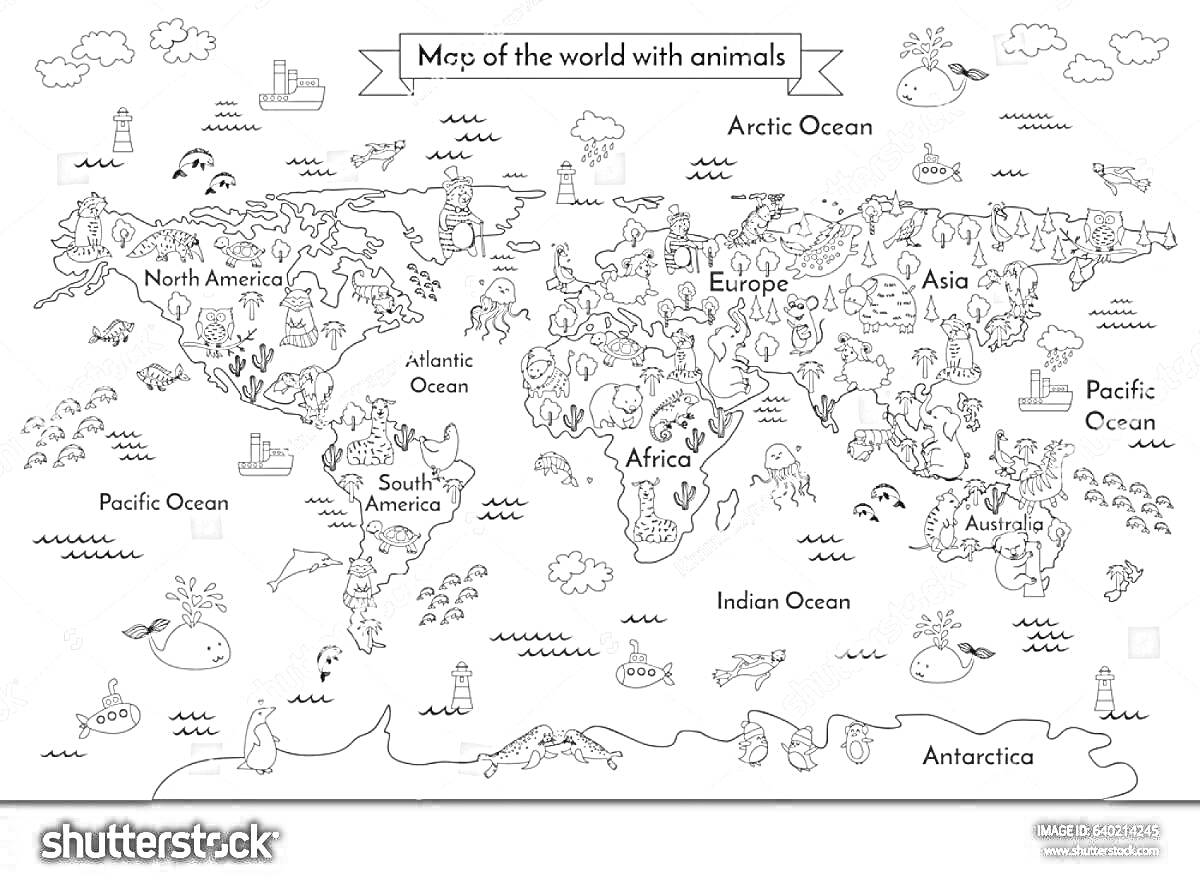 Карта мира с животными - раскраска. Страны и континенты на карте, каждый континент имеет уникальных животных. На карте изображены Северная и Южная Америка, Европа, Африка, Азия, Антарктика, Австралия. Также обозначены океаны: Арктический, Атлантический, И