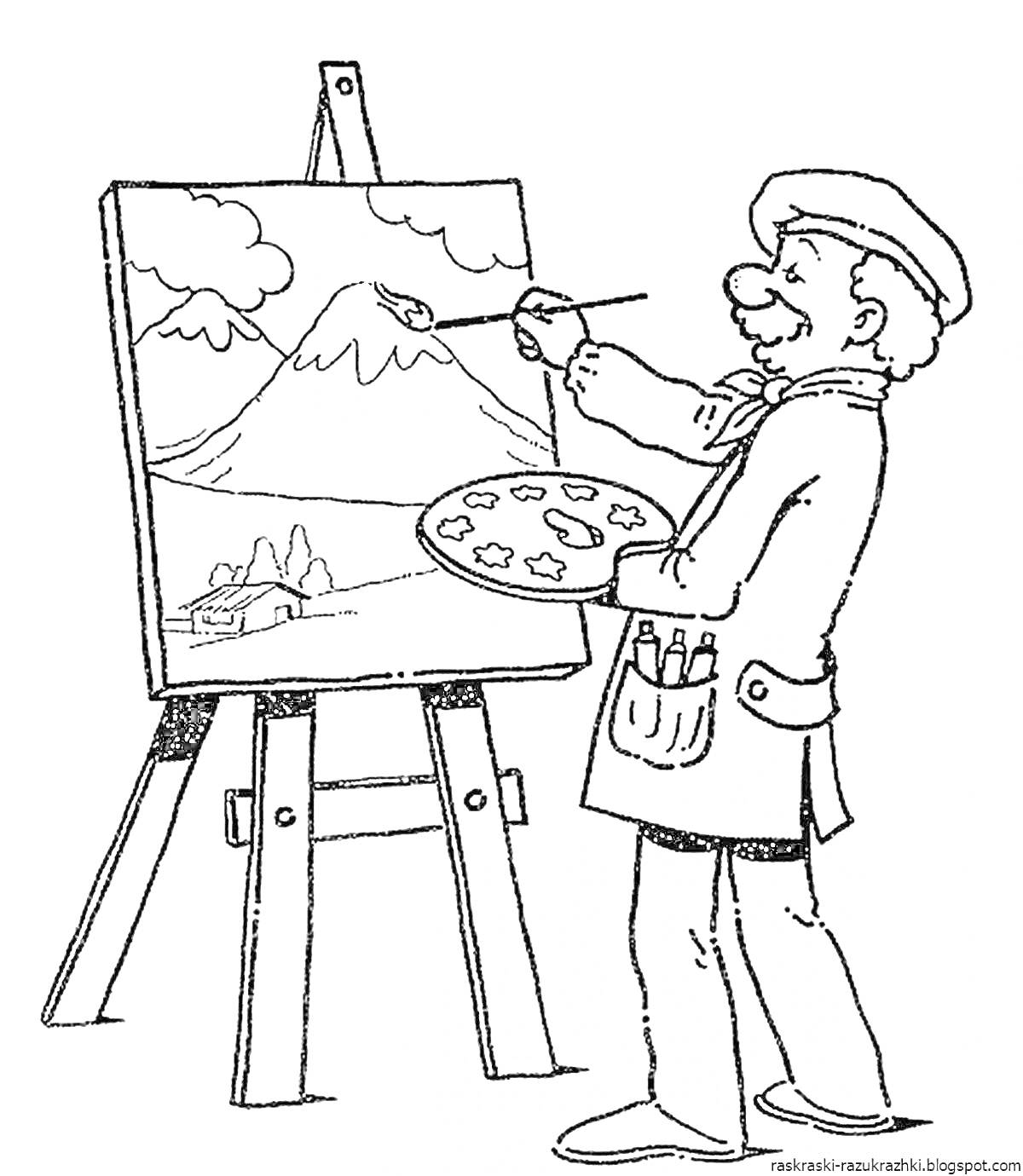 Раскраска Гармония художника: художник, рисующий пейзаж с горами, облаками и домом, держит палитру и кисть, мольберт, краски