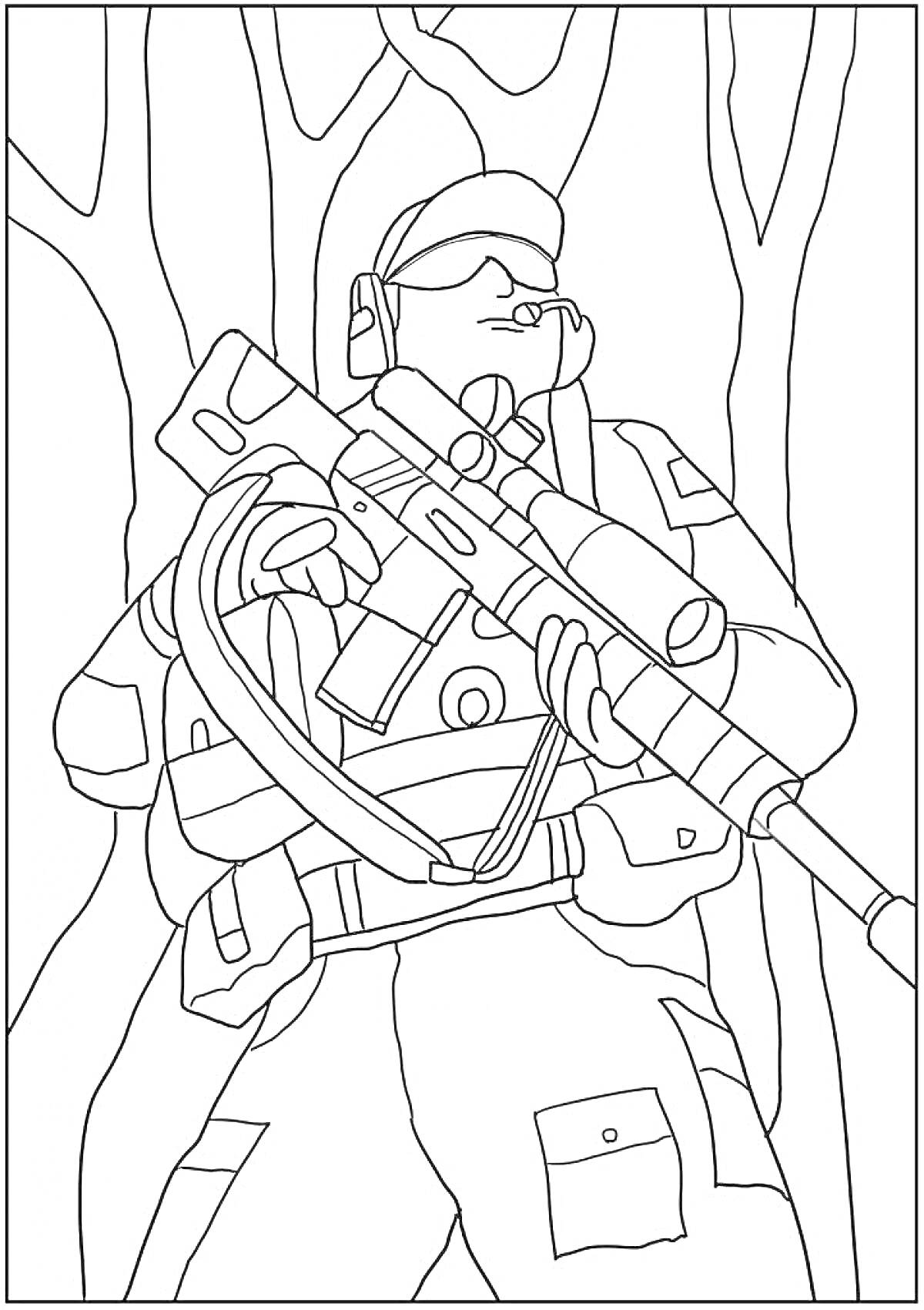 Раскраска Спецназовец в лесу с винтовкой и снаряжением