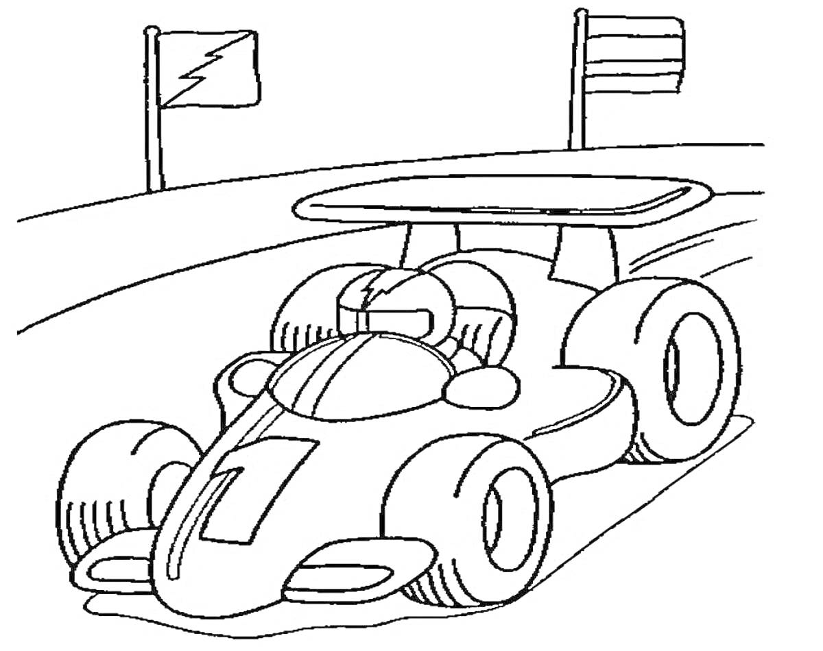 На раскраске изображено: Гоночная машина, Трасса, Номер 1, Спортивная машина, Для детей, Флаг