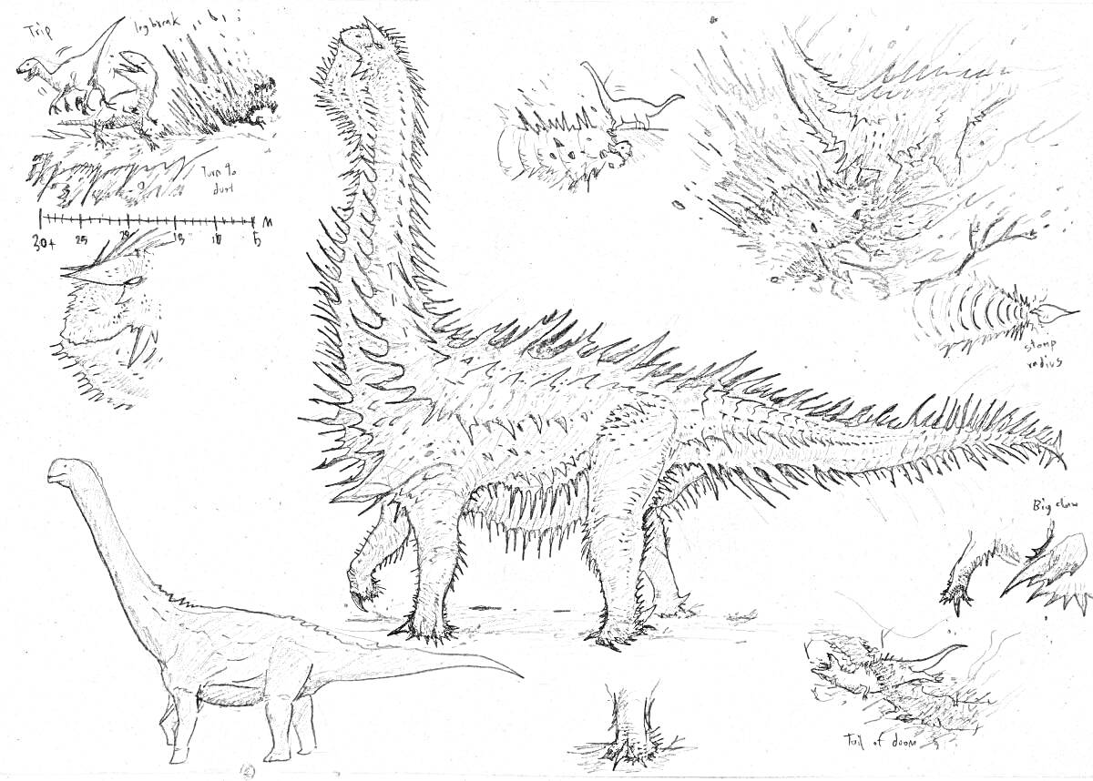 Раскраска Динозавры с шипами, среди которых большой динозавр в центре (длинношеий с шипами на спине), маленький динозавр слева (с длинной шеей и хвостом), различные части тела динозавров (головы, хвосты, лапы), а также детали фауны (деревья, растения)