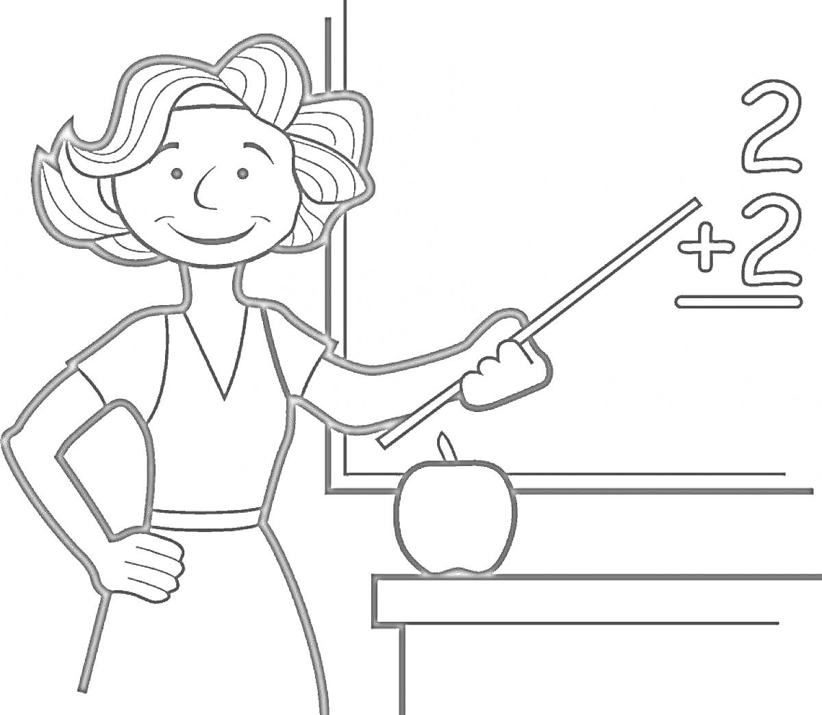 Раскраска Учитель у доски с указкой, яблоком и уравнением 2 + 2