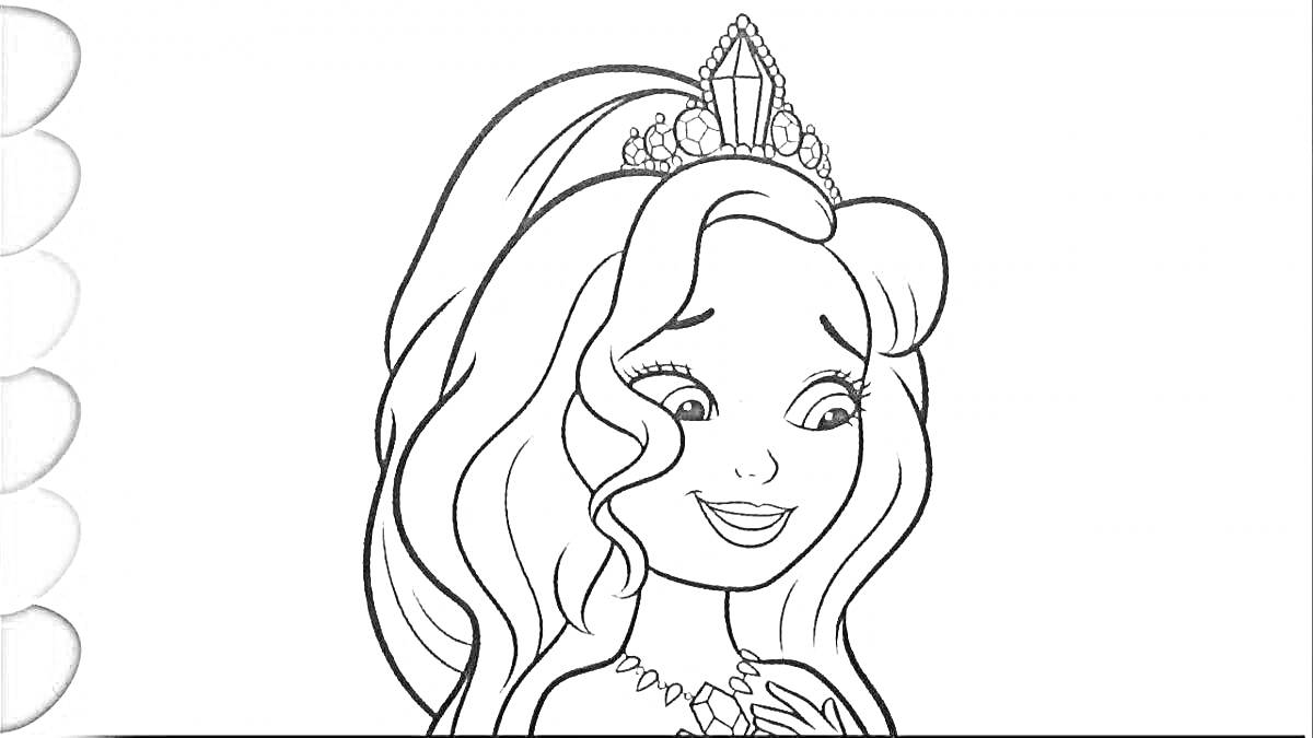 На раскраске изображено: Принцесса, Корона, Длинные волосы, Диадема, Украшения, Девочка