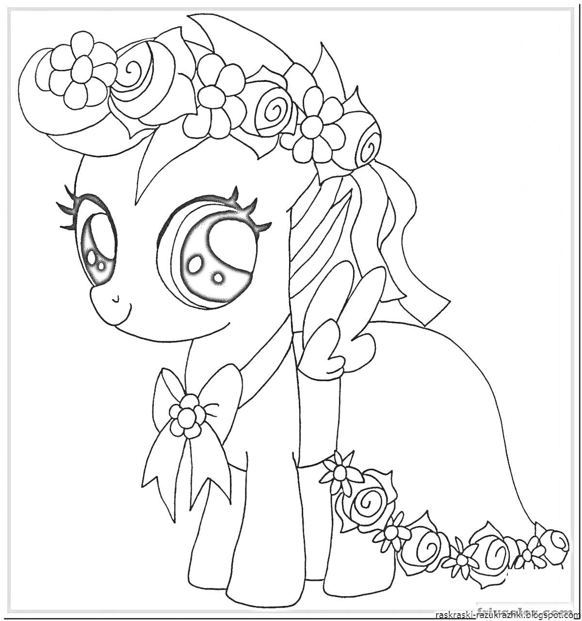 Раскраска Пони в цветочной короне с бантом и венком из цветов