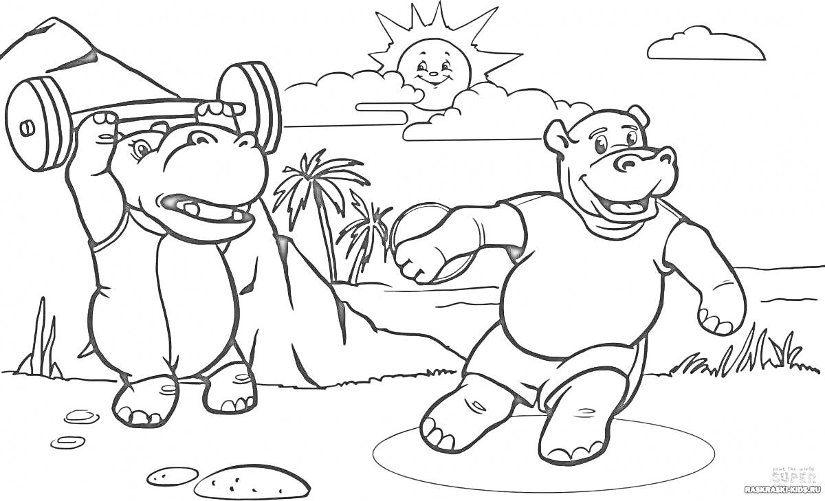 Раскраска Тима и Тома на пляже — один персонаж поднимает гантели, другой бросает мяч; на заднем плане солнце, облако, пальмы, горы и трава