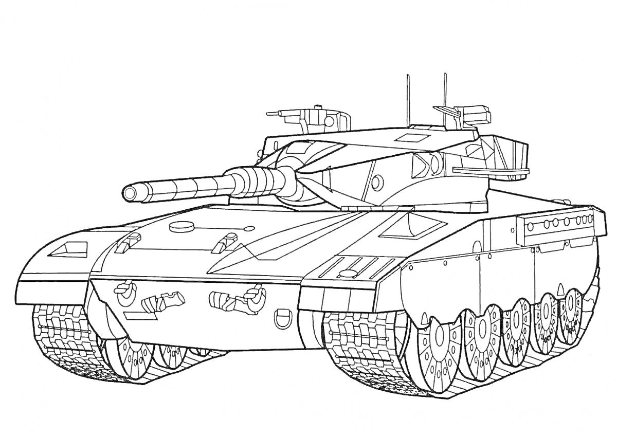 Раскраска Раскраска современный боевой танк с пушкой, антеннами и гусеницами