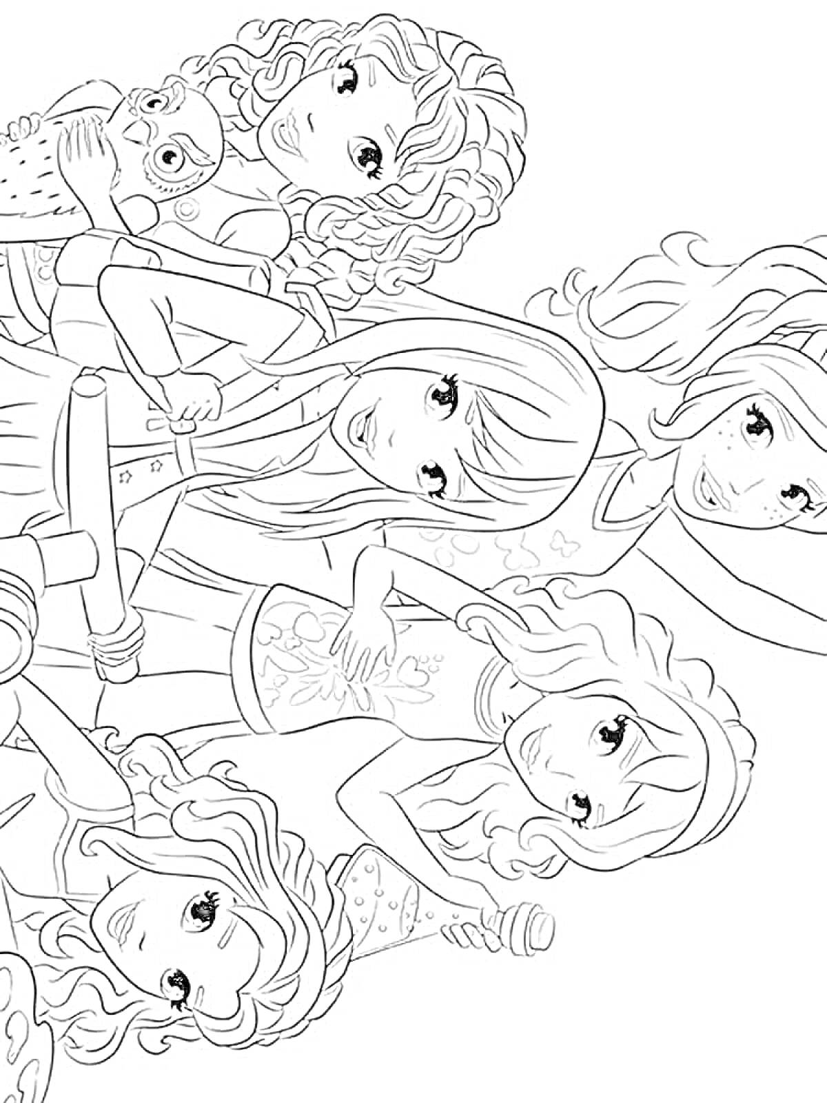 Раскраска Пять подружек Лего Френдс с волнистыми волосами, спортивными костюмами и домашними животными
