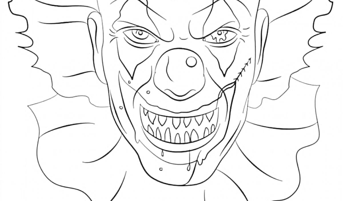 Раскраска Страшный клоун с устрашающей улыбкой и шрамом на лице