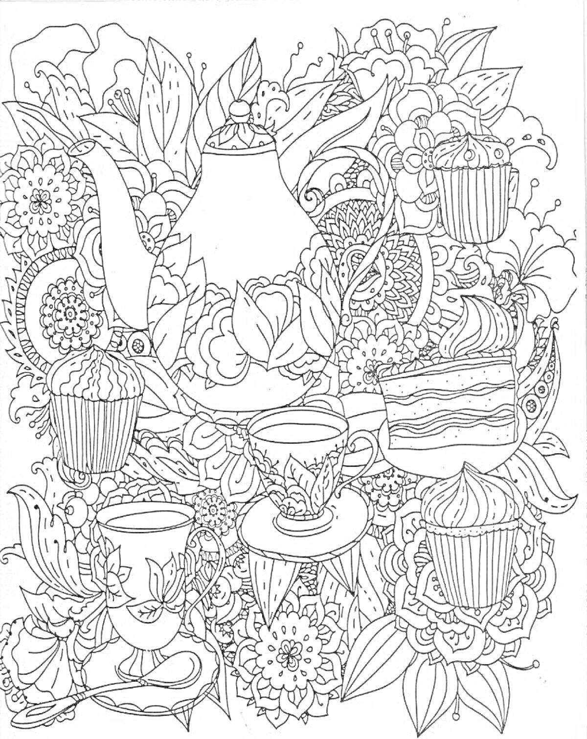 Раскраска Заварочный чайник, чашки с блюдцами, кексы, кусок торта, цветы и листья