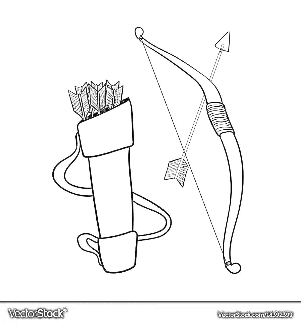 Раскраска лук со стрелой и колчан со стрелами