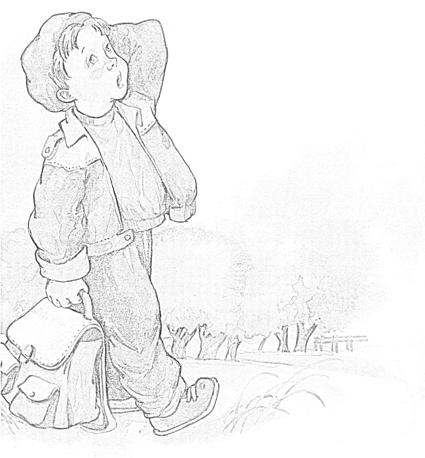 На раскраске изображено: Мальчик, Рюкзак, Трава, Деревья, Природа, Школьники