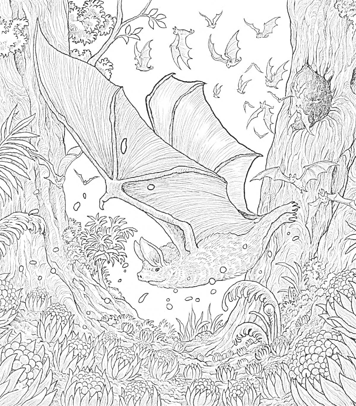 Раскраска Летучие мыши в лесу с густыми растениями и деревьями