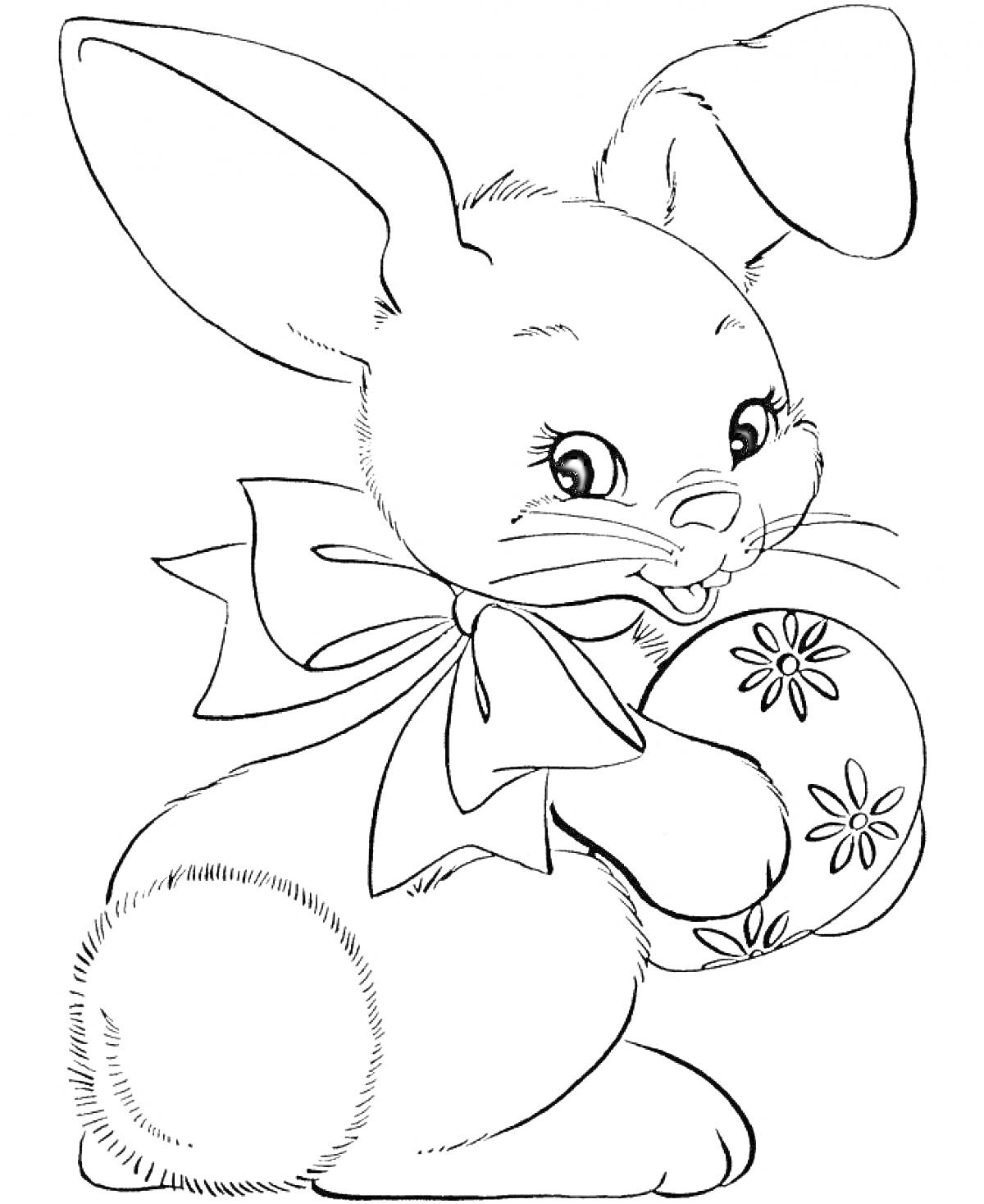 Раскраска Кролик с бантом и пасхальным яйцом