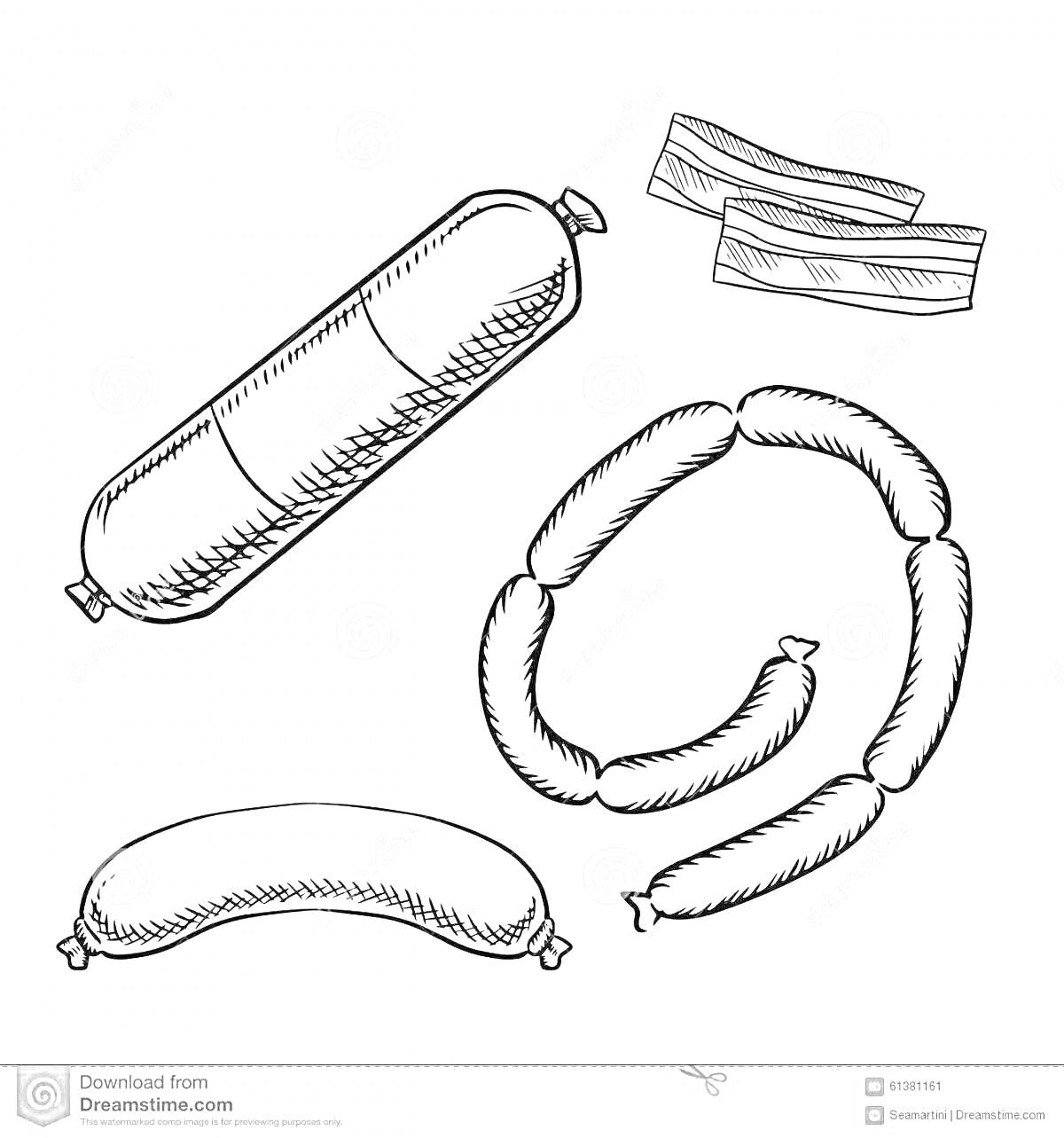 Раскраска Набор сосисок и колбаски в разных формах, включая нарезанные кусочки