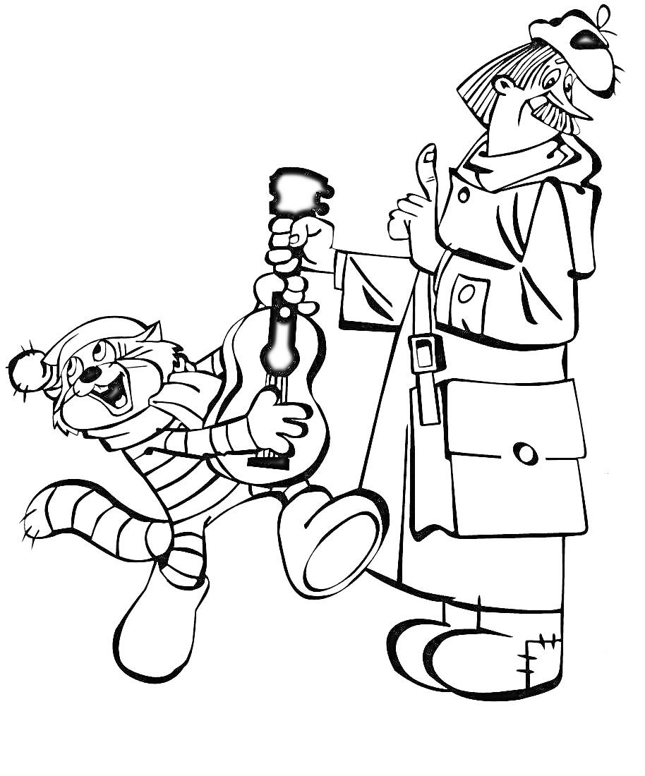 Раскраска Мужчина с рогами на шапке и кот с гитарой