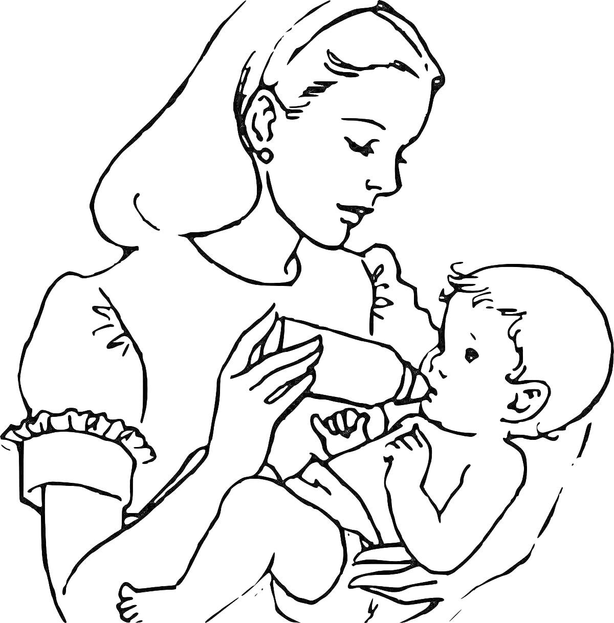 На раскраске изображено: Мама, Ребёнок, Кормление, Бутылочка, Младенец, Любовь, Семейная сцена