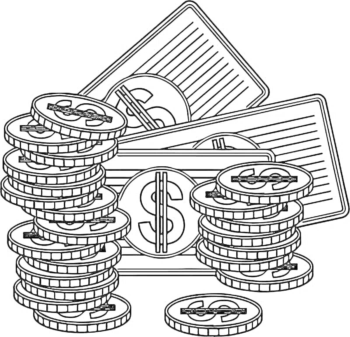 На раскраске изображено: Деньги, Купюры, Монеты, Доллар, Финансы, Валюты, Стопка монет