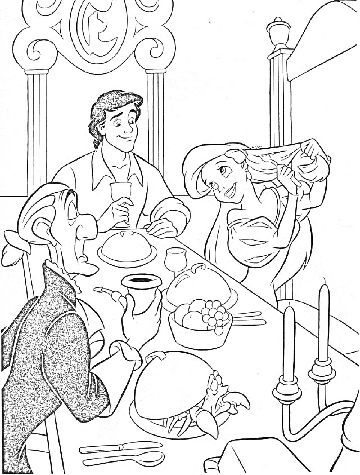РаскраскаАриэль и принц Эрик за обедом с придворным, блюда на столе, свечи