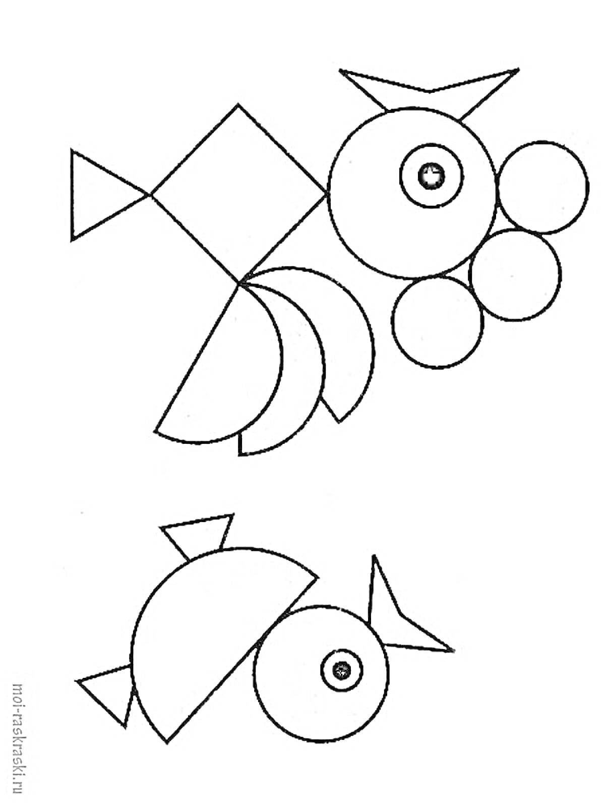 На раскраске изображено: Геометрические фигуры, Рыба, Для детей, Круги, Ромбы, Треугольники