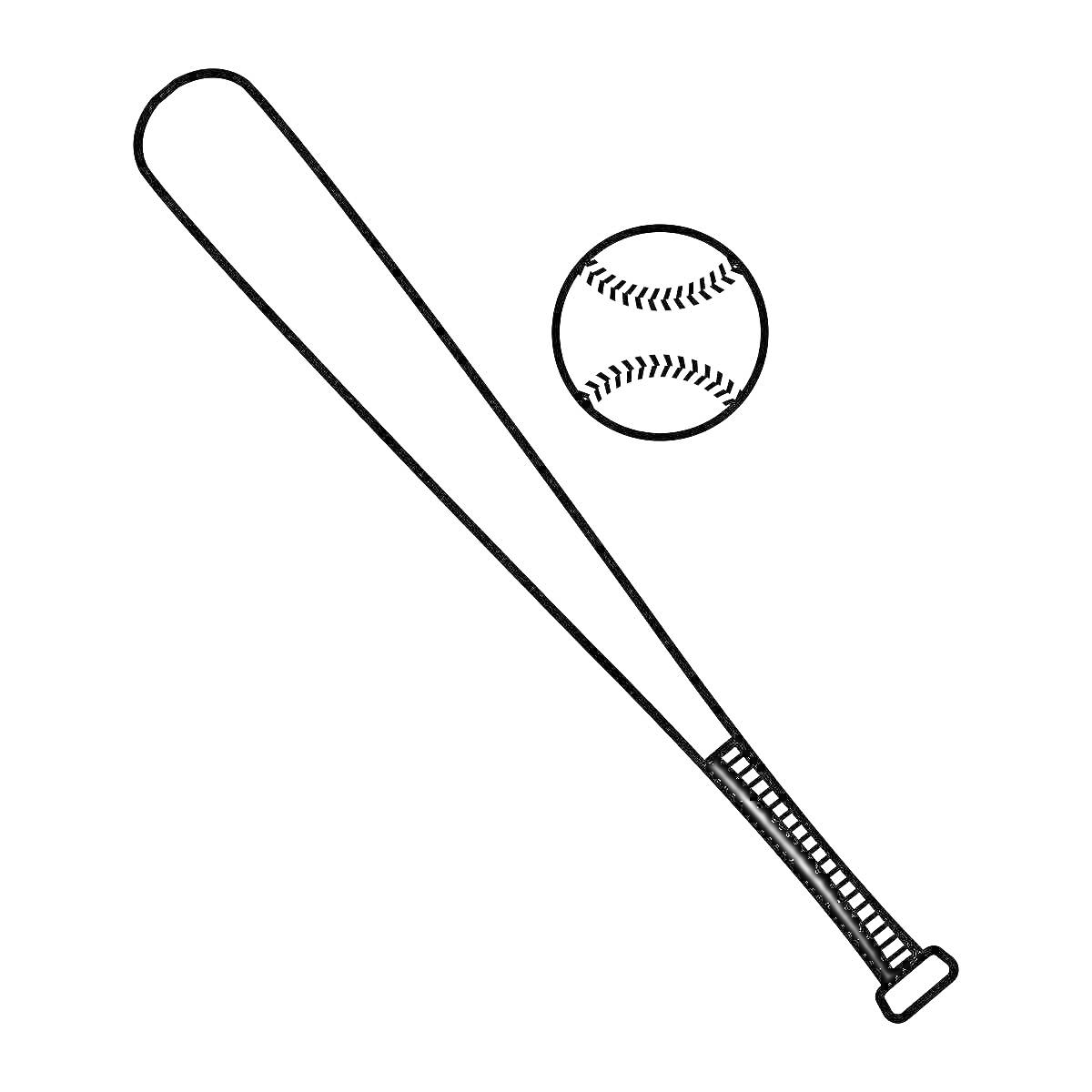 На раскраске изображено: Бейсбол, Бита, Спортивное оборудование, Спорт, Бейсбольная бита, Бейсбольный мяч