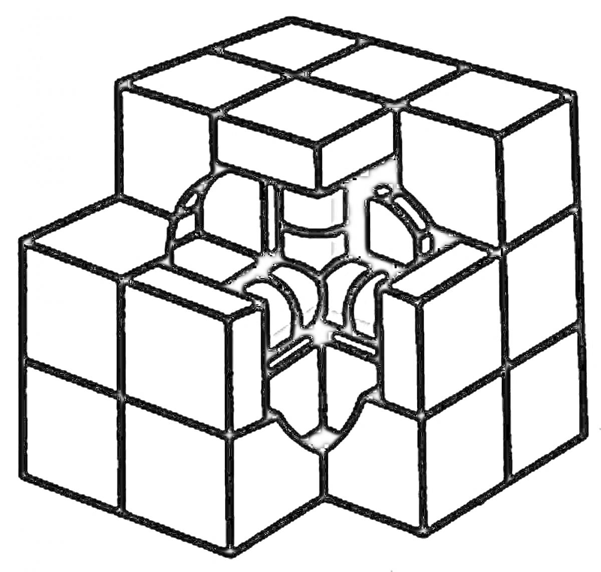 Раскраска Внутреннее строение кубика Рубика с видимой центральной частью и элементами механизма