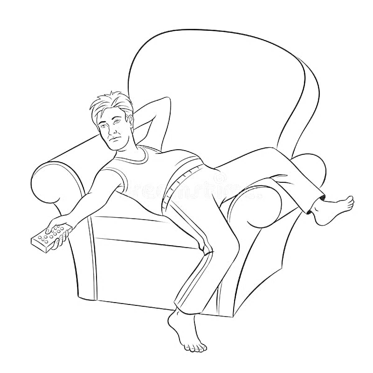 На раскраске изображено: Кресло, Человек, Пульт, Ленивый, Отдых, Расслабление