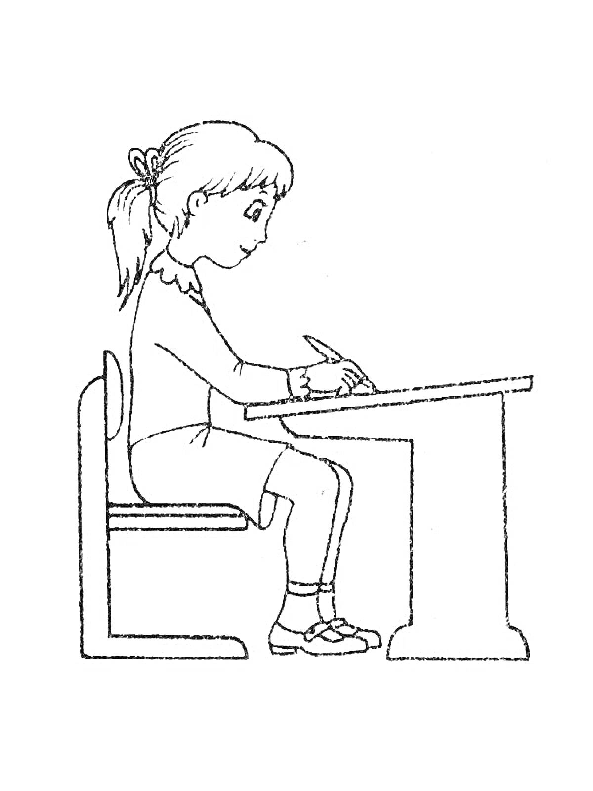 Раскраска Девочка за столом пишет ручкой