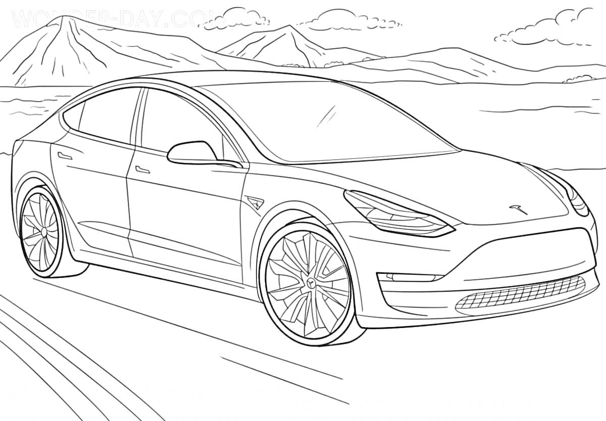 Раскраска Автомобиль Tesla на дороге с горным пейзажем
