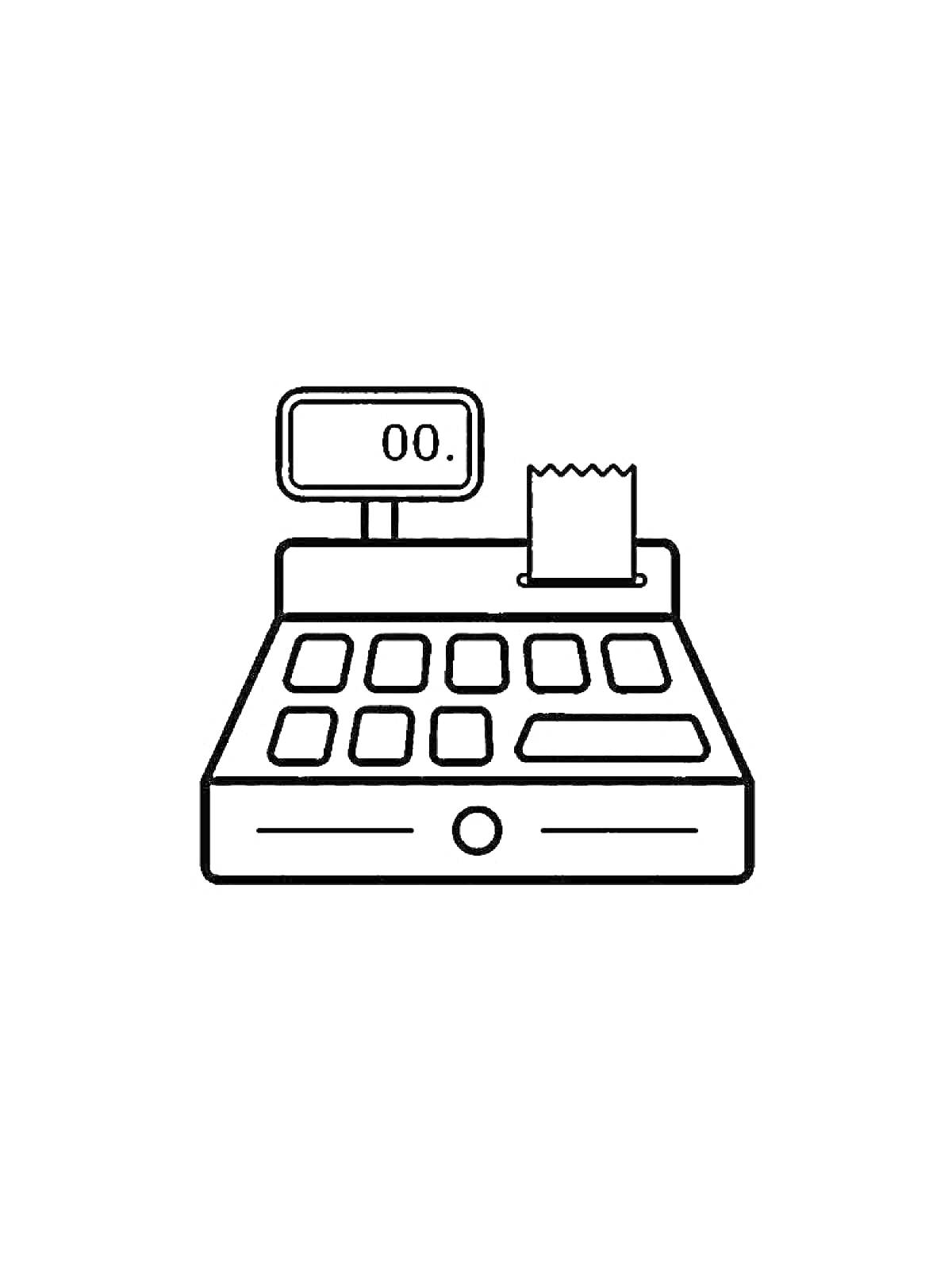 Раскраска Кассовый аппарат с экраном, кнопками и чеком