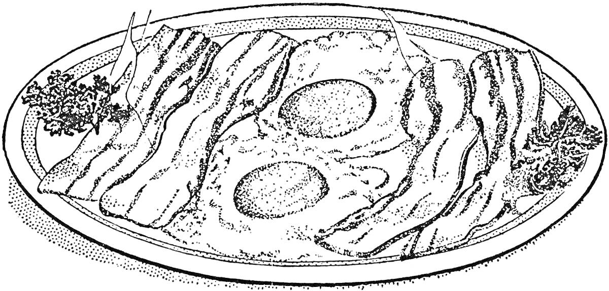 На раскраске изображено: Омлет, Бекон, Зелень, Тарелка, Завтрак, Еда, Контурные рисунки